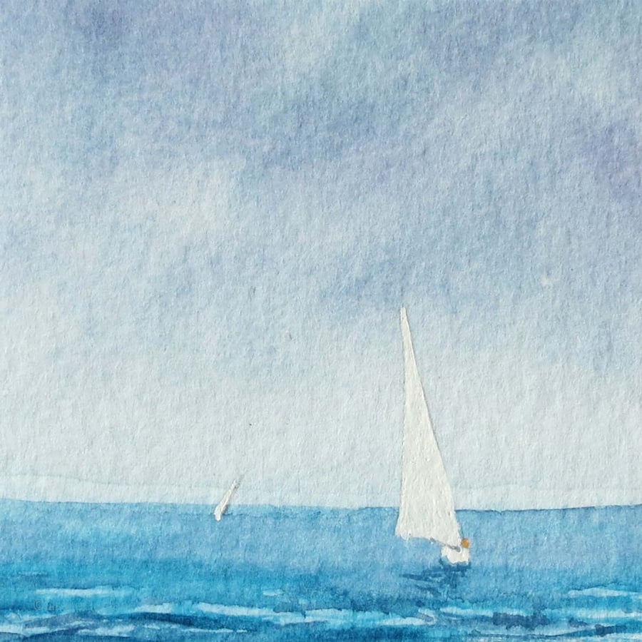 Ooak original handpainted watercolour sailing artist seaside art card  