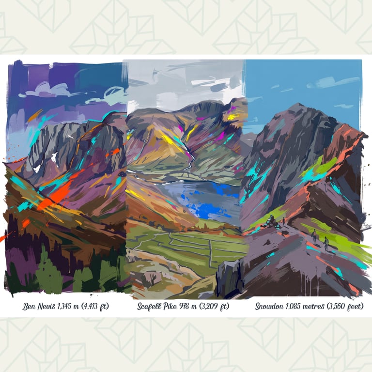 Three Peaks UK – Ben Nevis, Scafell Pike & Yr Wyddfa Art Print – A4 Unframed