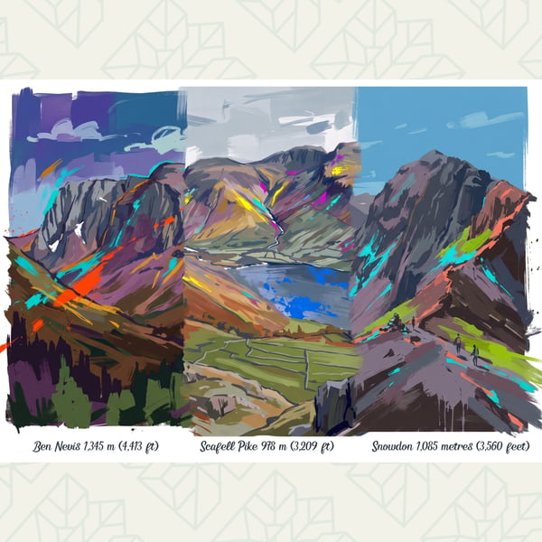 Three Peaks UK – Ben Nevis, Scafell Pike & Yr Wyddfa Art Print – A2 Unframed