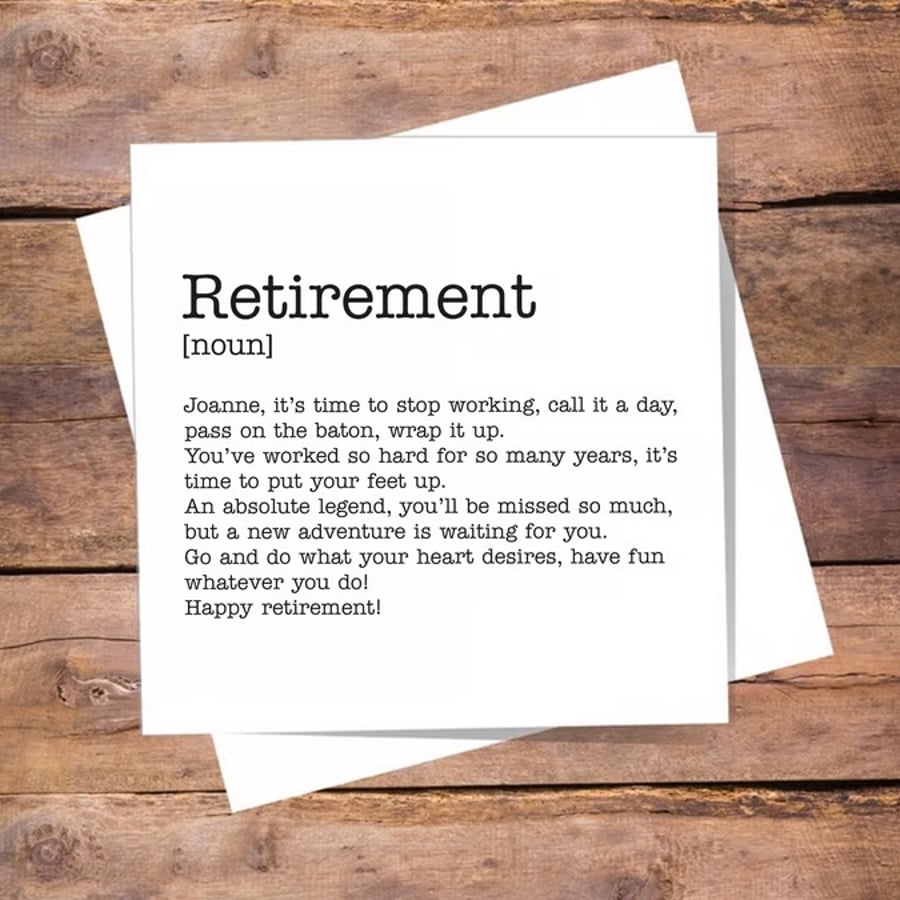 Retirement Definition Card - leaving, miss you, personalised, blank inside
