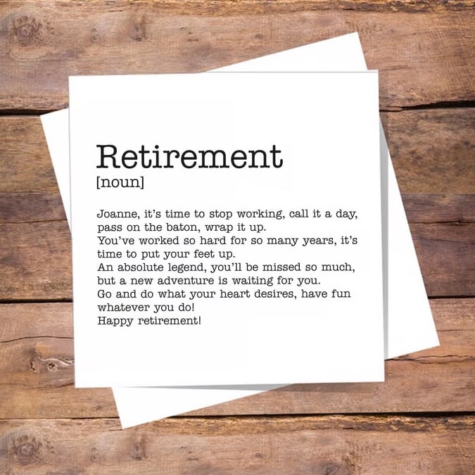 Retirement Definition Card - leaving, miss you, personalised, blank inside