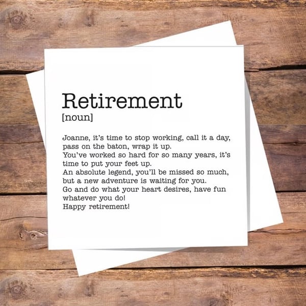 Retirement Definition Card - leaving, miss you, personalised, blank inside