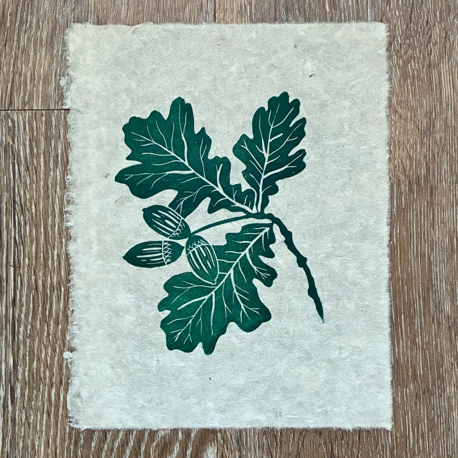 PERFECTLY IMPERFECT Oak leaf and acorn original linocut print in forest green