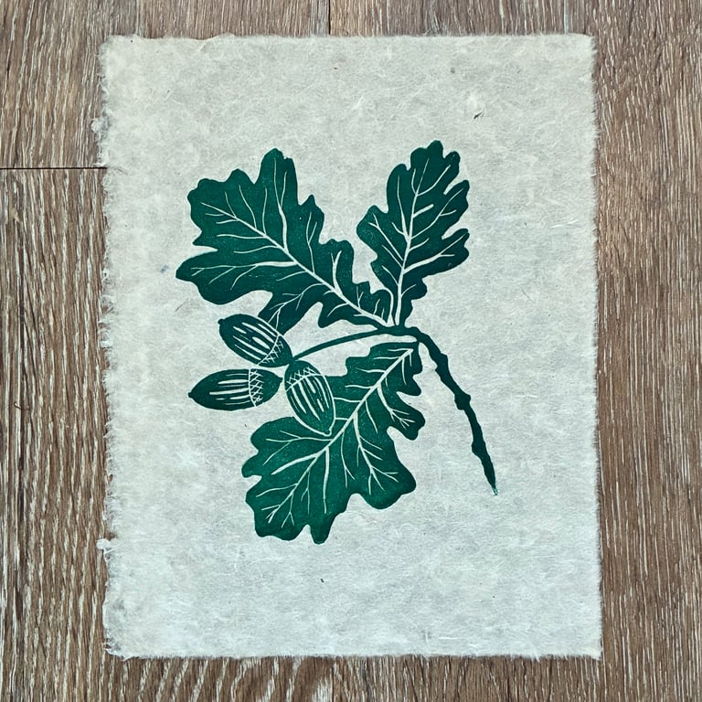 PERFECTLY IMPERFECT Oak leaf and acorn original linocut print in forest green