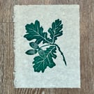 PERFECTLY IMPERFECT Oak leaf and acorn original linocut print in forest green