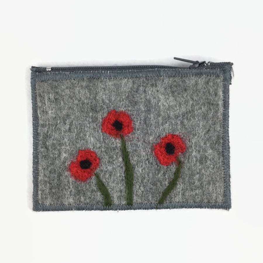 Grey felted coin purse with poppy design