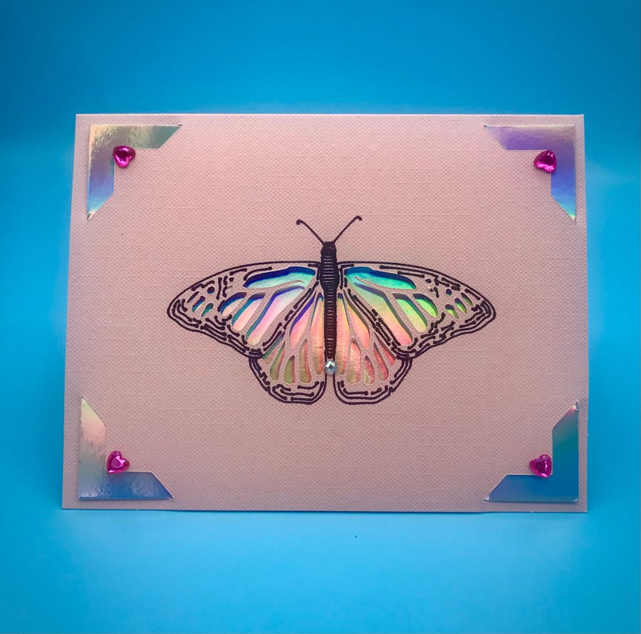 Butterfly card, with holographic insert, two tone intricate design, rhinestone