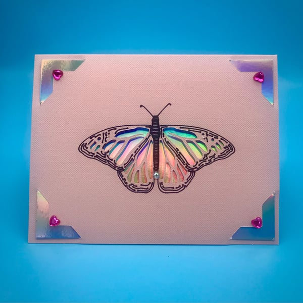 Butterfly card, with holographic insert, two tone intricate design, rhinestone