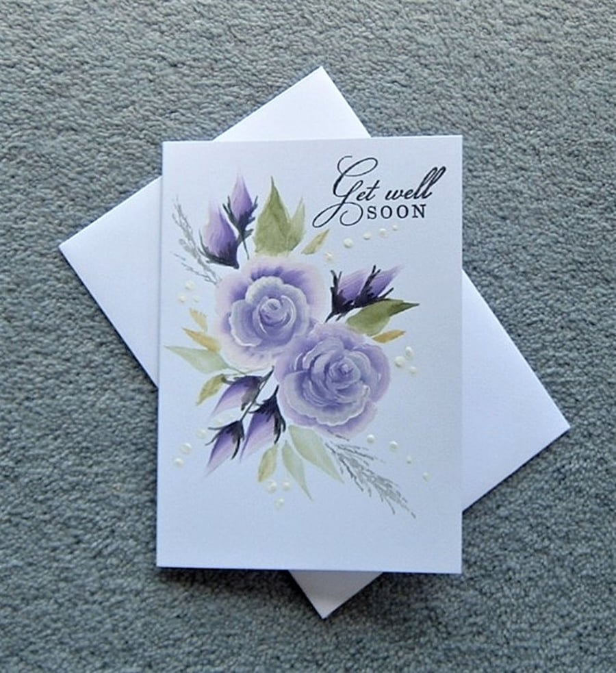 Get well soon card hand painted floral purple rose ( ref F 183 )