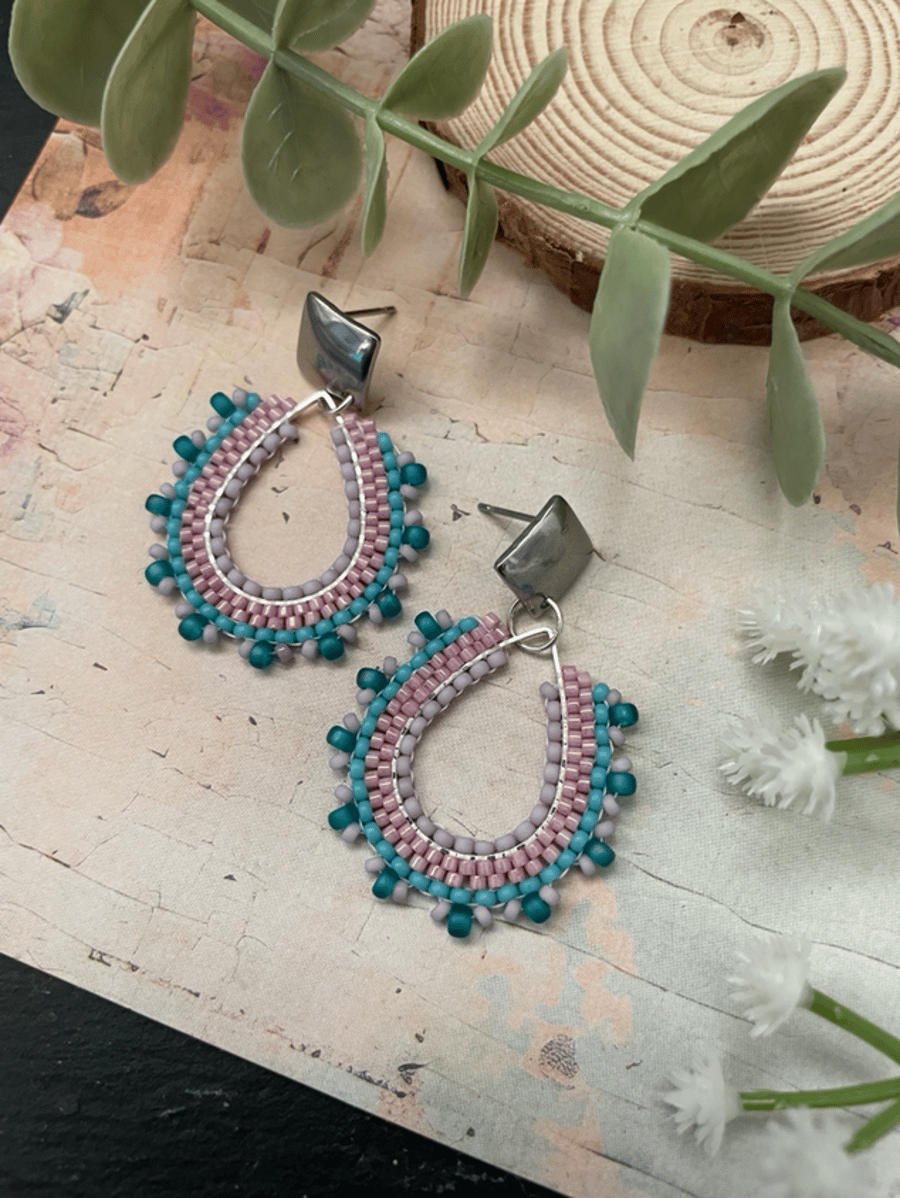 Pretty beaded dangle tear drop design handmade earrings, beaded jewelry, boho 