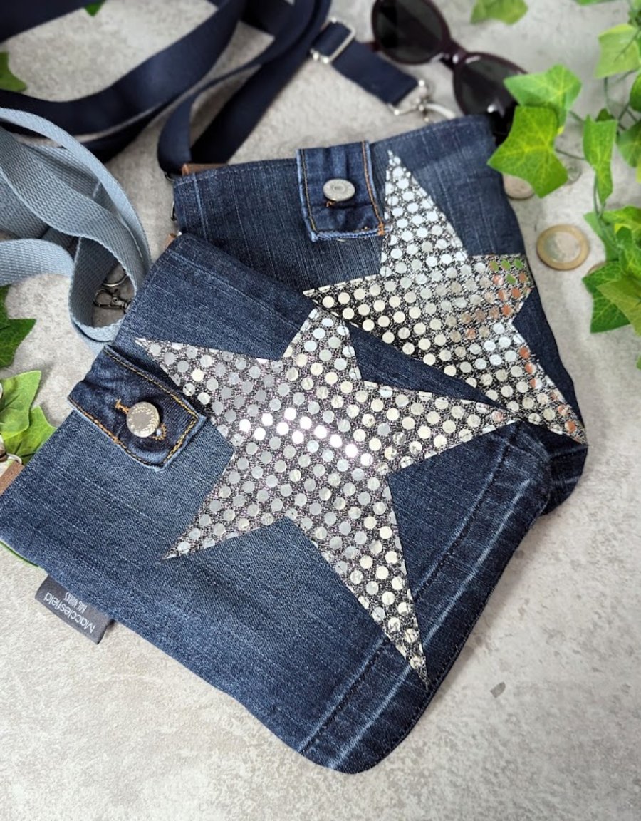 Denim Bag Mini Cross Body Jeans Bag with Sparkly Silver Star Motif 