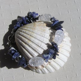 Sodalite & Crackled Clear Quartz Crystal Gemstone Bracelet "Azure Dew"