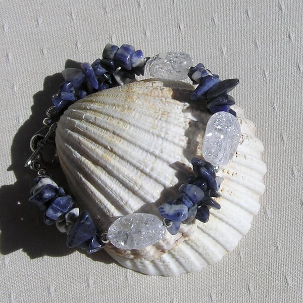 Sodalite & Crackled Clear Quartz Crystal Gemstone Bracelet "Azure Dew"