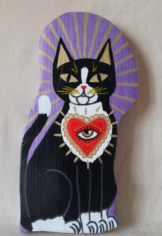 Black Tuxedo Cat with Sacred Heart Talisman  Hand-Painted Art on Wood