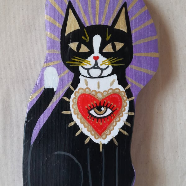 Black Tuxedo Cat with Sacred Heart Talisman  Hand-Painted Art on Wood
