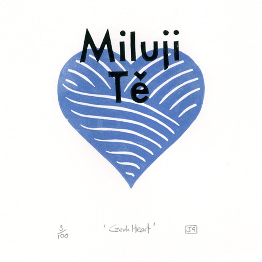 Czech Heart linocut valentines print (blue)