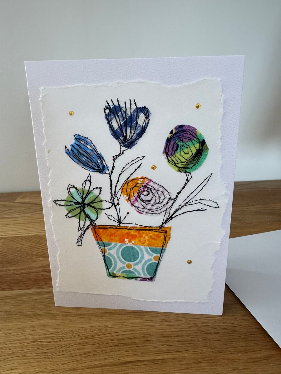 Hand made card, free motion stitched flower pot design