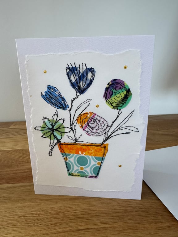 Hand made card, free motion stitched flower pot design