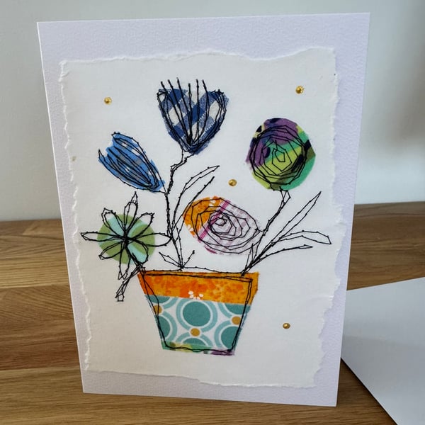 Hand made card, free motion stitched flower pot design