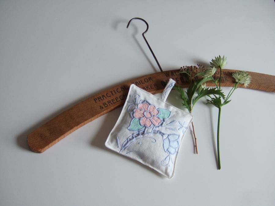 Lavender bag made from vintage tablecloth fabric, dried English lavender.