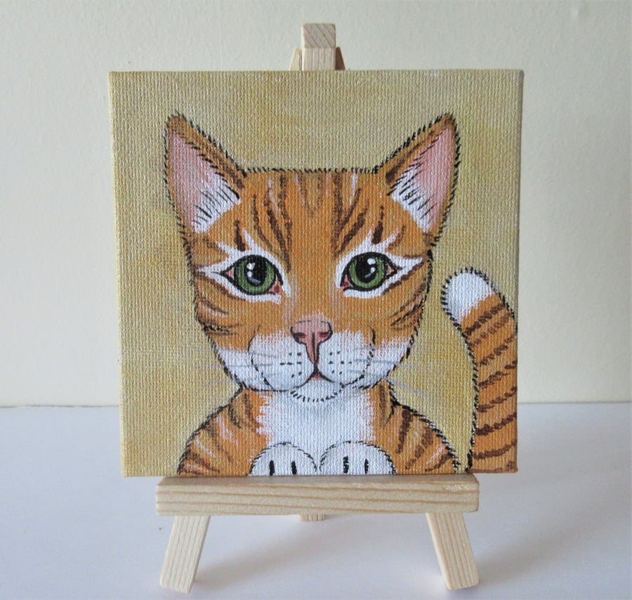 Cat Miniature Original Acrylic Painting with Easel Letterbox Gift Charity 