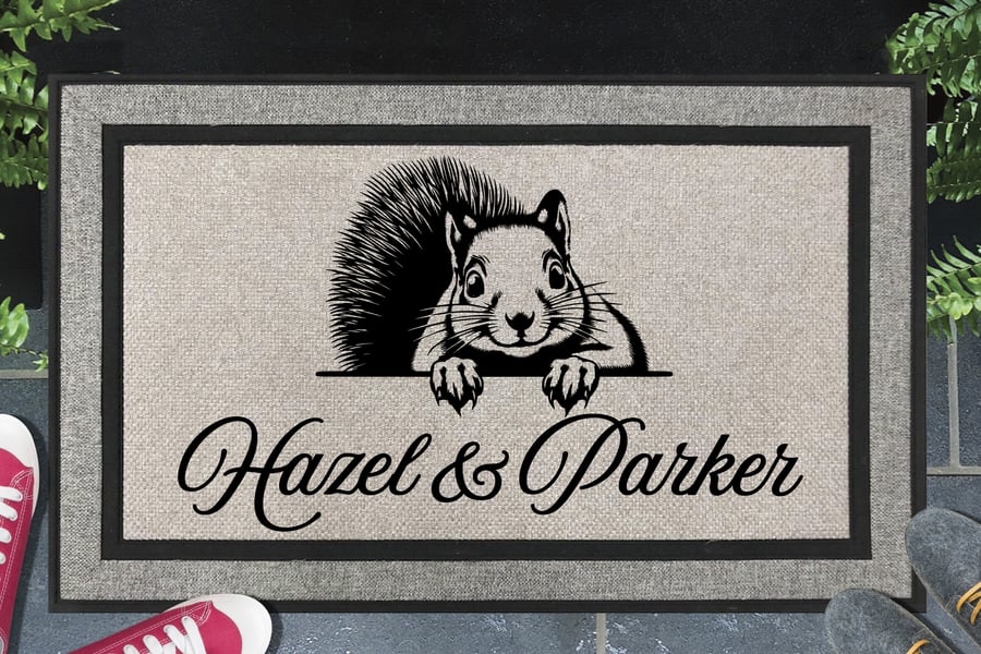 Squirrel Door Mat - Personalised Grey Squirrel - All Weather Doormat - 45x70cm 