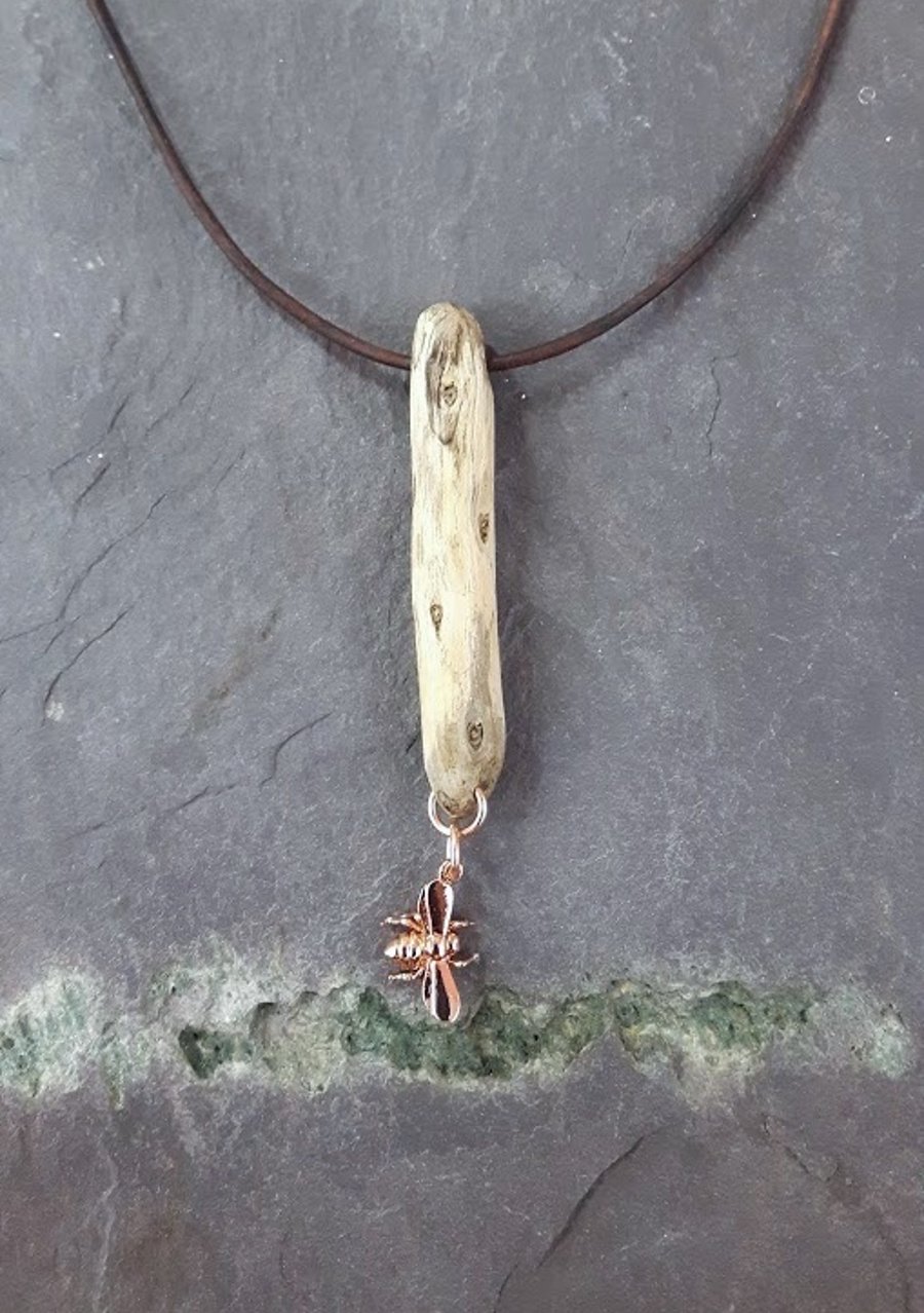 Birch driftwood bumble bee rose gold plate brass pendant.