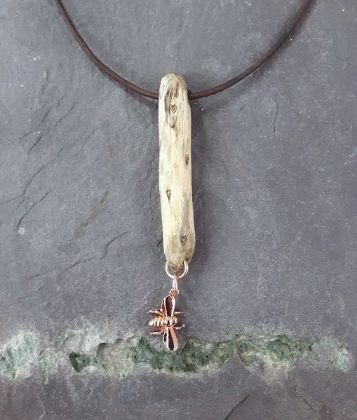Birch driftwood bumble bee rose gold plate brass pendant.