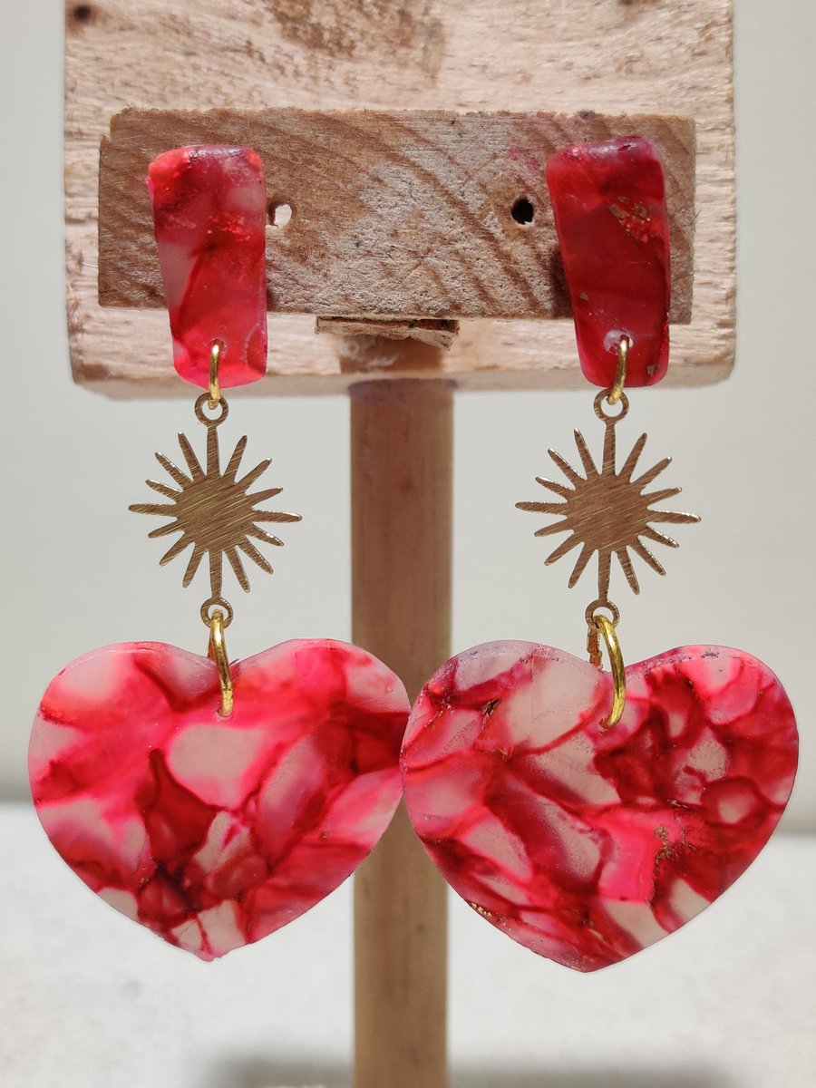 Valentine red gold heart polymer clay earrings  