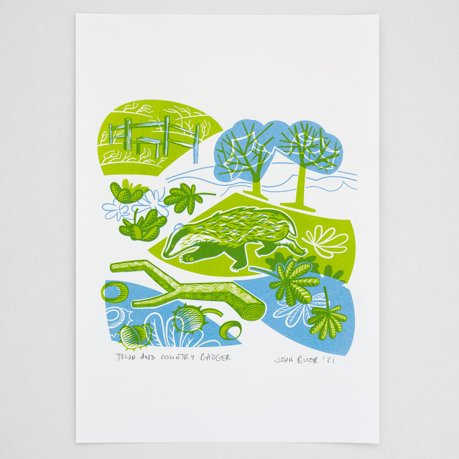 "Town and Country Badger" hand pulled screen print