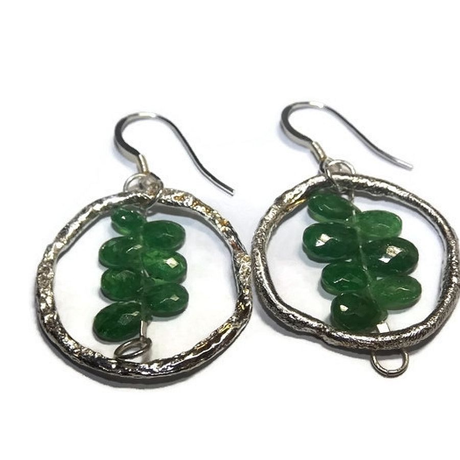Sterling silver hoop and tsavorite garnet earrings