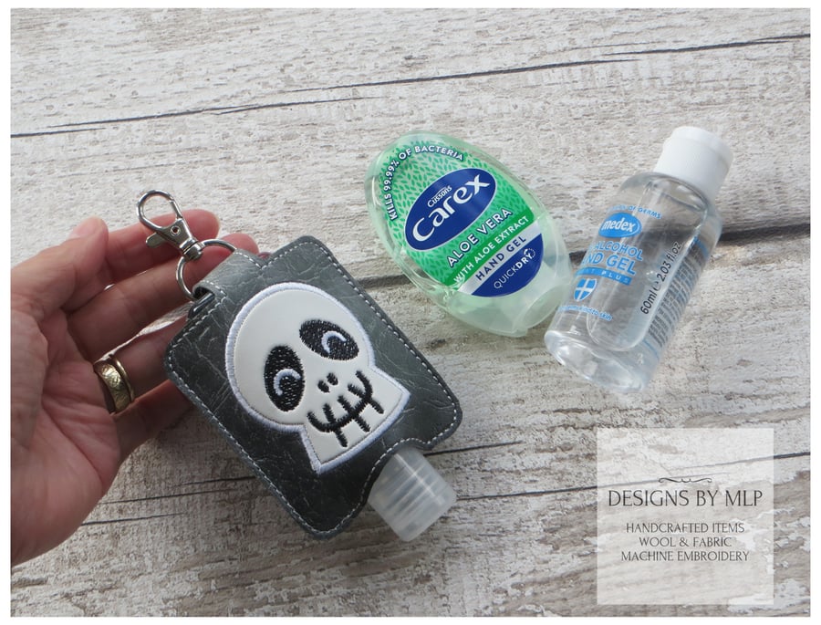 Happy Skull Hand Sanitiser Holder, Machine Embroidered with Lobster Clasp