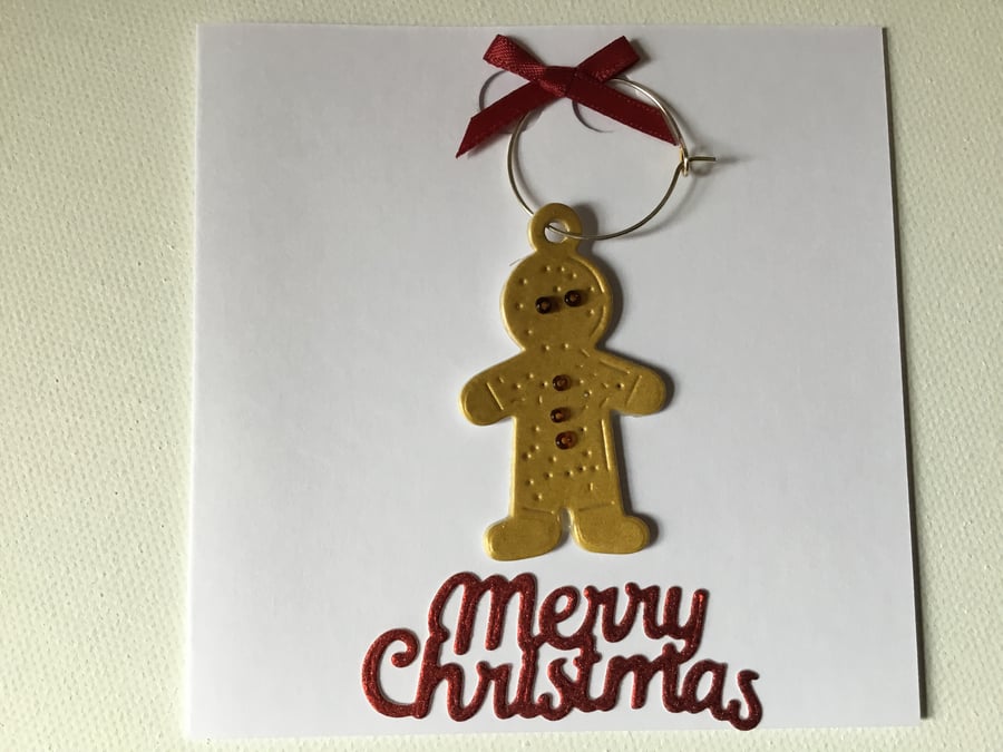 Christmas card with gingerbread glass charm. CC585