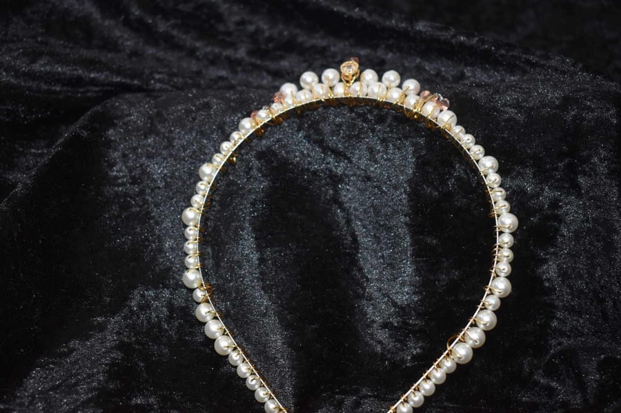 White and gold pearl wedding tiara for bride