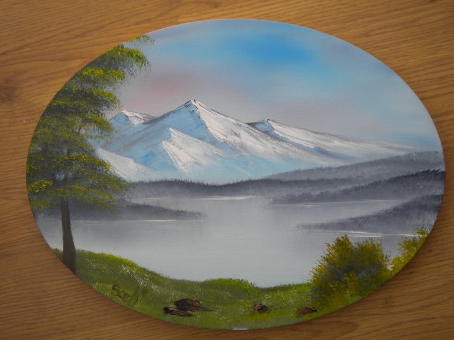 mountain lake oval oil painting
