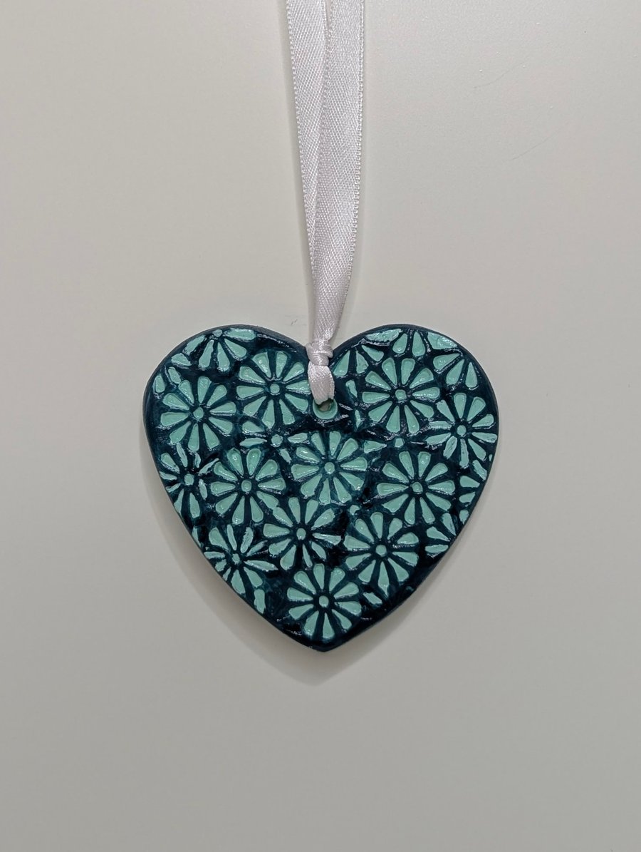 Clay heart hanging decoration, mint green, embossed with flowers