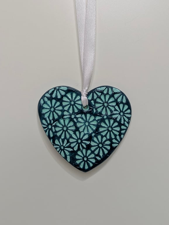 Clay heart hanging decoration, mint green, embossed with flowers