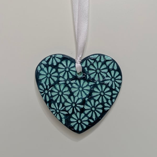 Clay heart hanging decoration, mint green, embossed with flowers