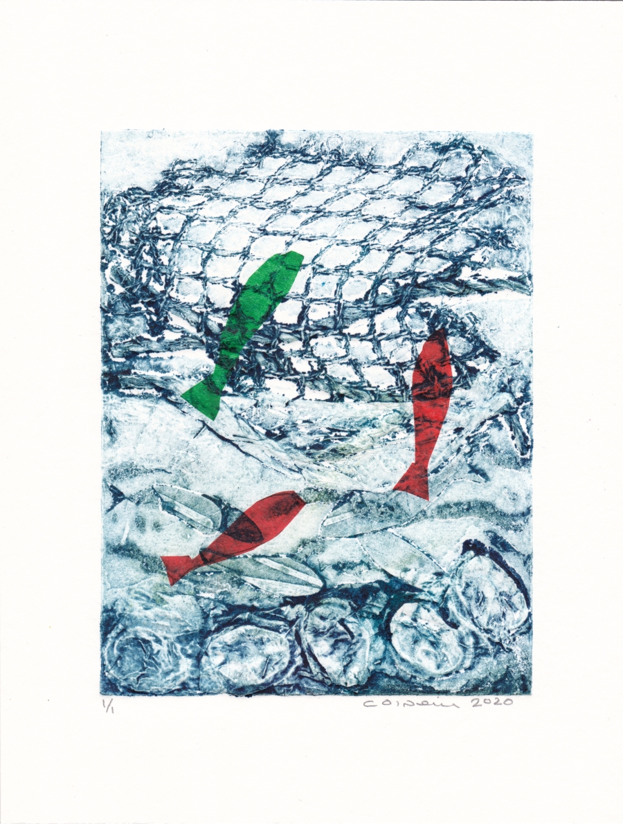 The Little Green Fish -  Original Collagraph Print