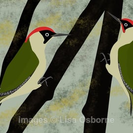 Green woodpeckers - print from digital illustration - birds