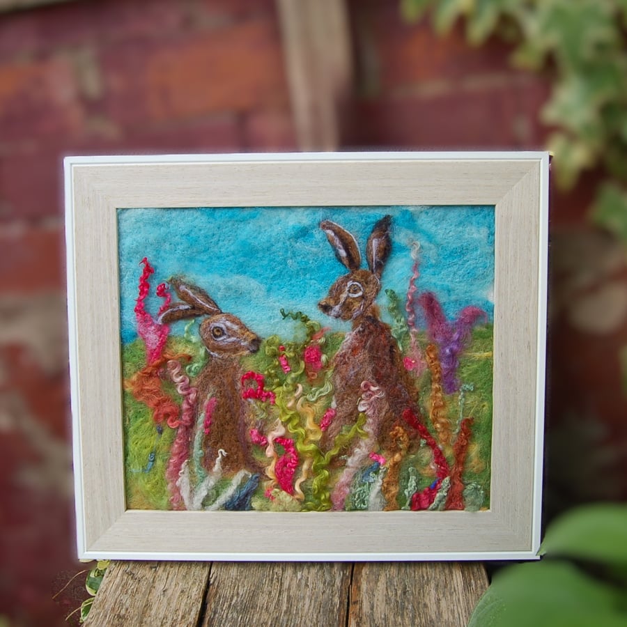 Needle felted  picture - Hares in a wildflower meadow, Textile art