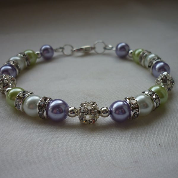 LAVENDER, WHITE AND LIME RHINESTONE BRACELET.  717