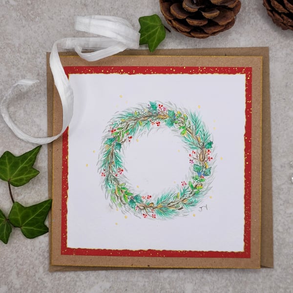 Handpainted Christmas Card - cards, wreath, christmas, eco-friendly