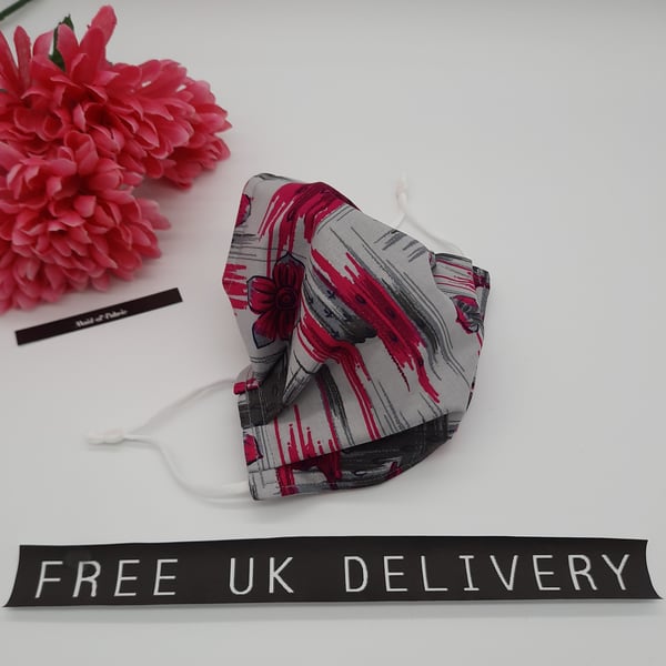 Face mask,  medium,  adjustable,  3 layer, nose wire, washable in pink and grey.