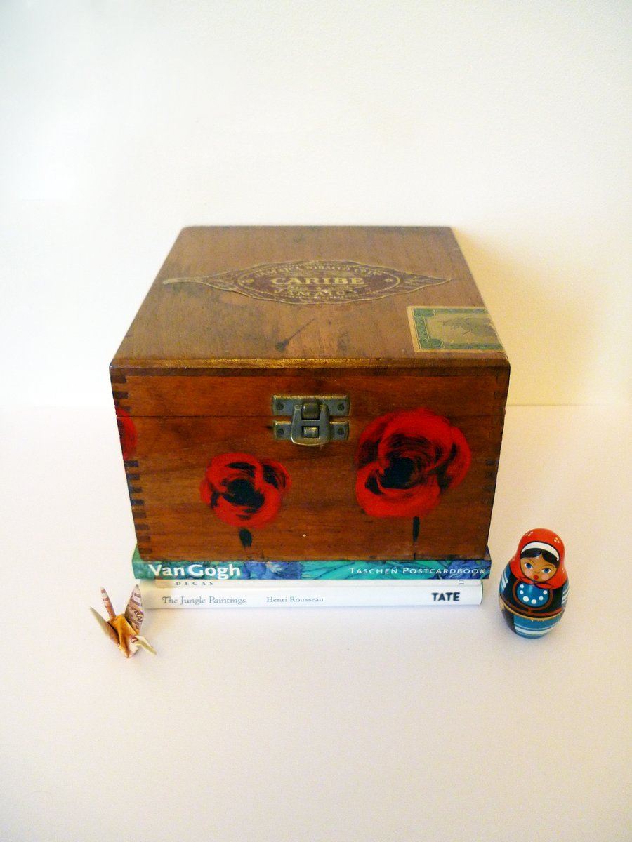 Free Postage - Hand Painted Vintage Cigar Box - Red Poppies