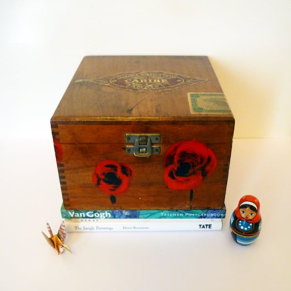 Free Postage - Hand Painted Vintage Cigar Box - Red Poppies