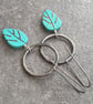 Turquoise leaf earrings, Large oxidised silver hoops, Howlite gemstone - Image 2
