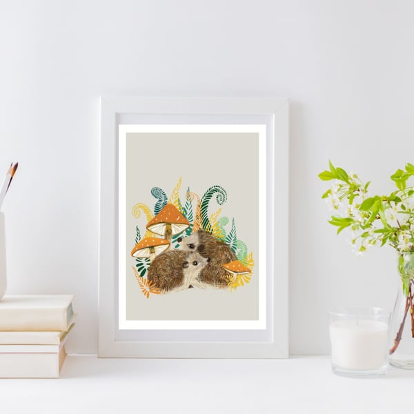 Woodlands art print toadstools hedgehogs nursery art