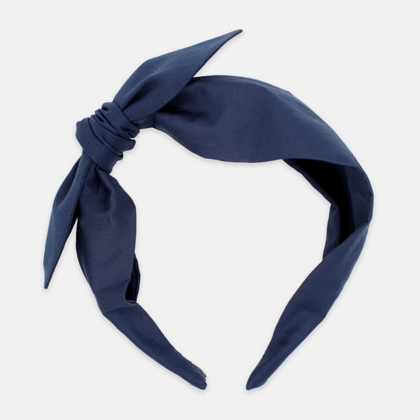 Liberty Fabric Women's Side Bow Headband, Navy C Blue Plain Print