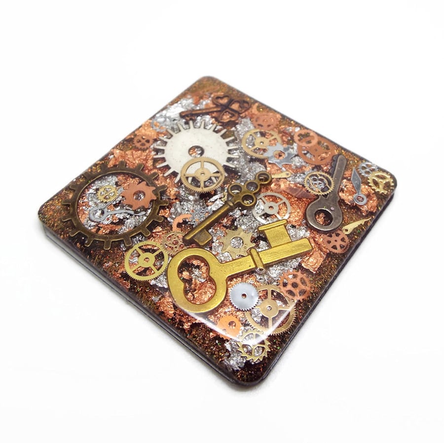 Handmade Steampunk Fridge Magnet, Resin Embedded Cogs and Keys